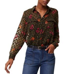 LOFT Fall Floral Utility Blouse Shirt Top Black Sheer Button Up Collared Size XS